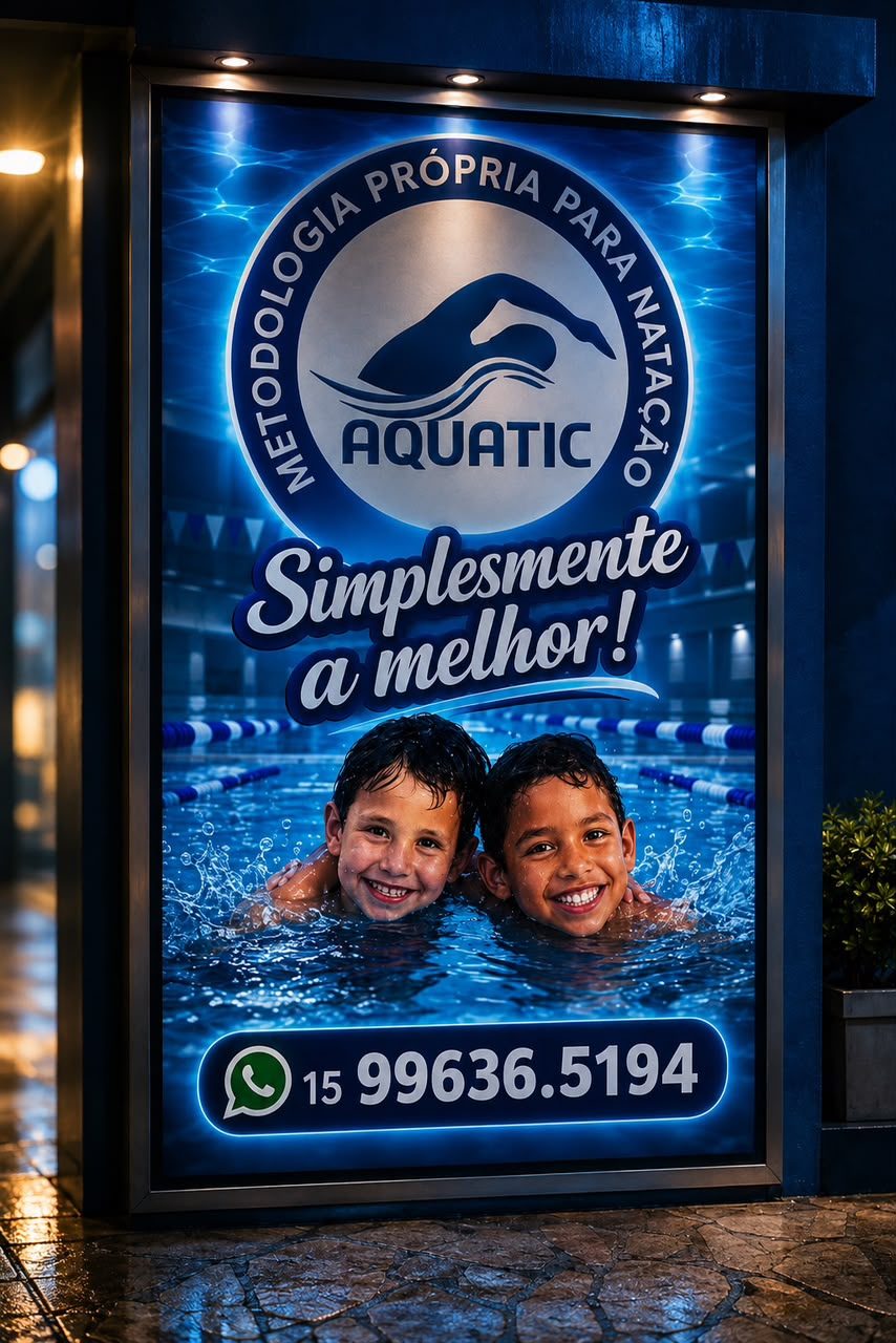 Fachada iluminada da Aquatic Itapeva, com o logo da escola e o telefone de contato